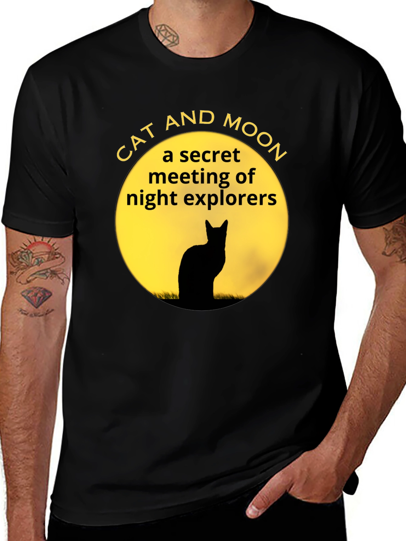 Variant 9 of Cat and Moon Black T-Shirt, Secret Night Explorers