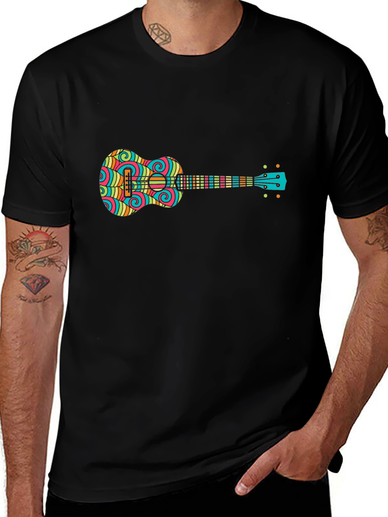 Variant 22 of Funky Ukulele Graphic Tee - Black Cotton T-Shirt