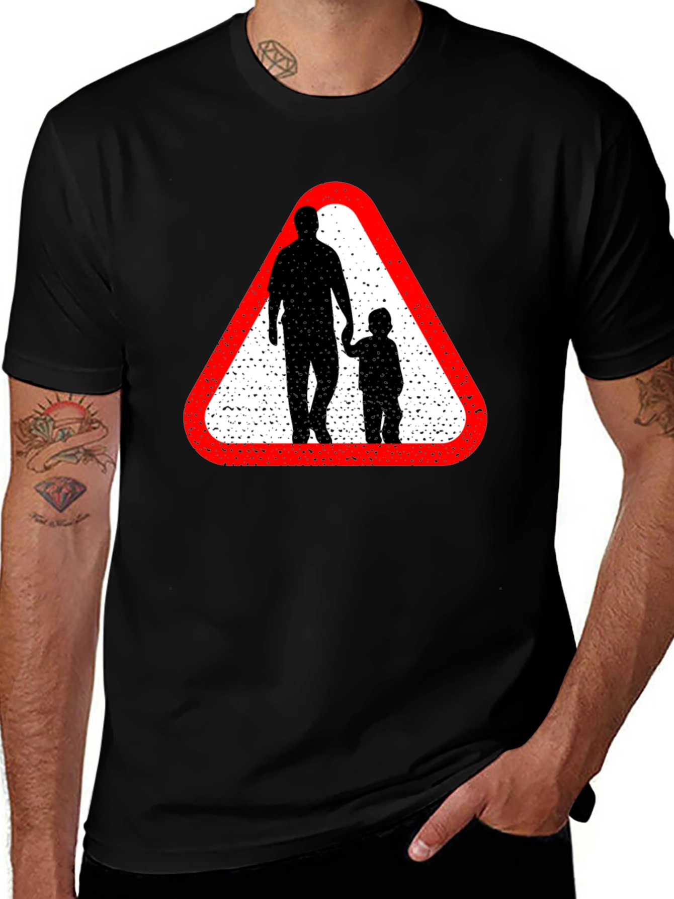 Dad and Child Road Sign Black T-Shirt