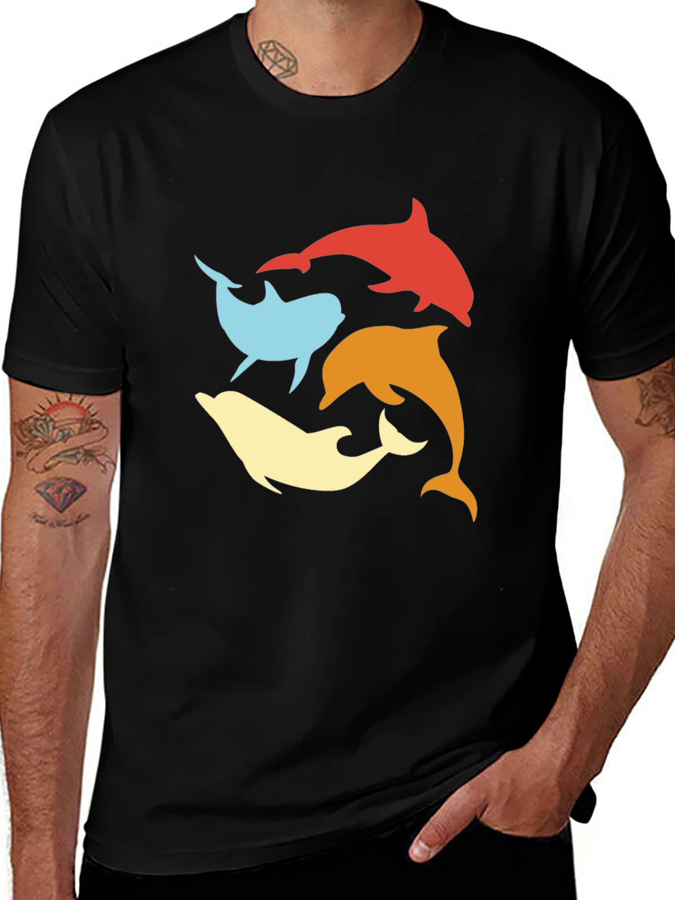 Variant 19 of Retro Dolphin Circle Tee - Black Cotton T-Shirt