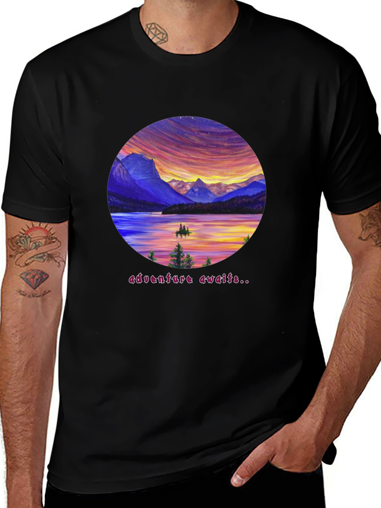 Variant 4 of Adventure Awaits Graphic Tee - Lake & Mountain Design