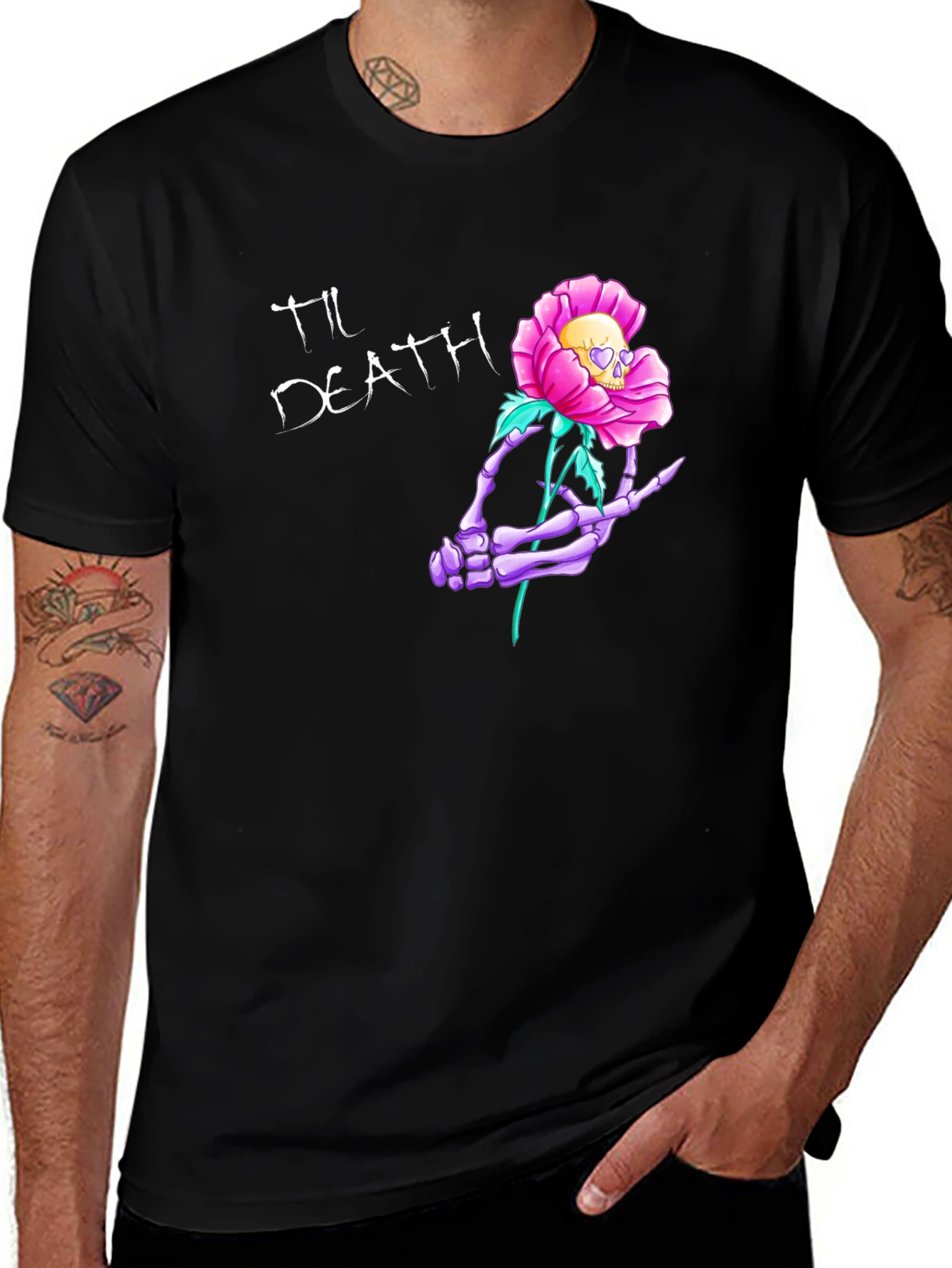 Variant 16 of Til Death Skeleton Hand Rose Graphic Tee