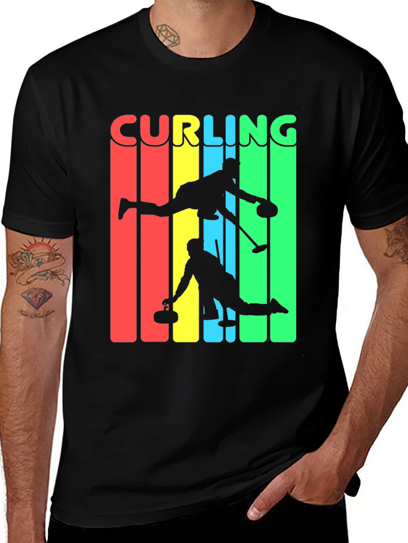 Curling Graphic Tee, Retro Style, Black Cotton Blend T-Shirt