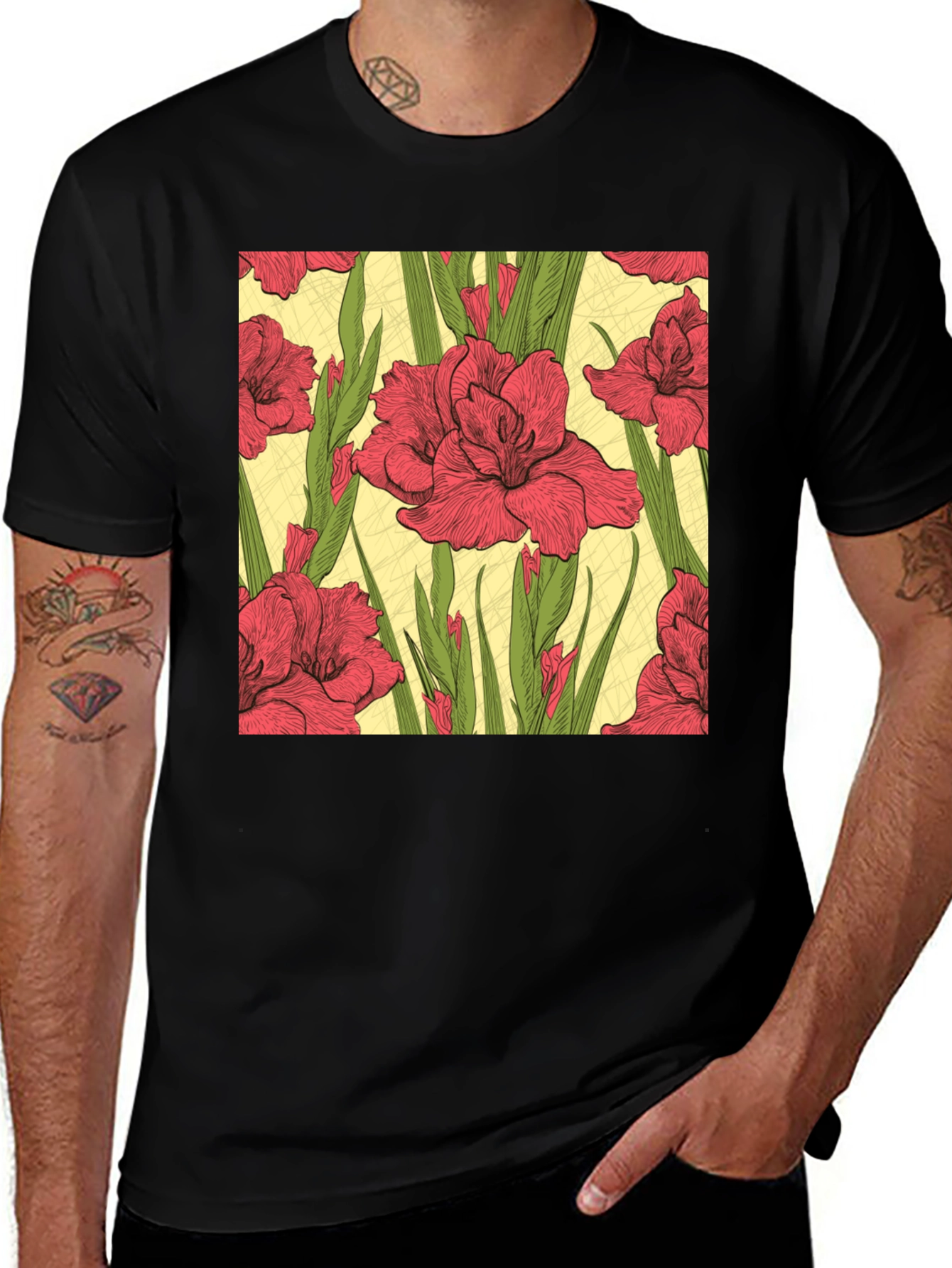 Variant 20 of Floral Print Tee - Red Gladiolus Design