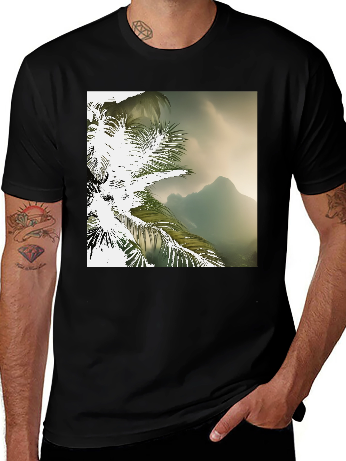 Variant 13 of Tropical Palm Tree Graphic Black T-Shirt