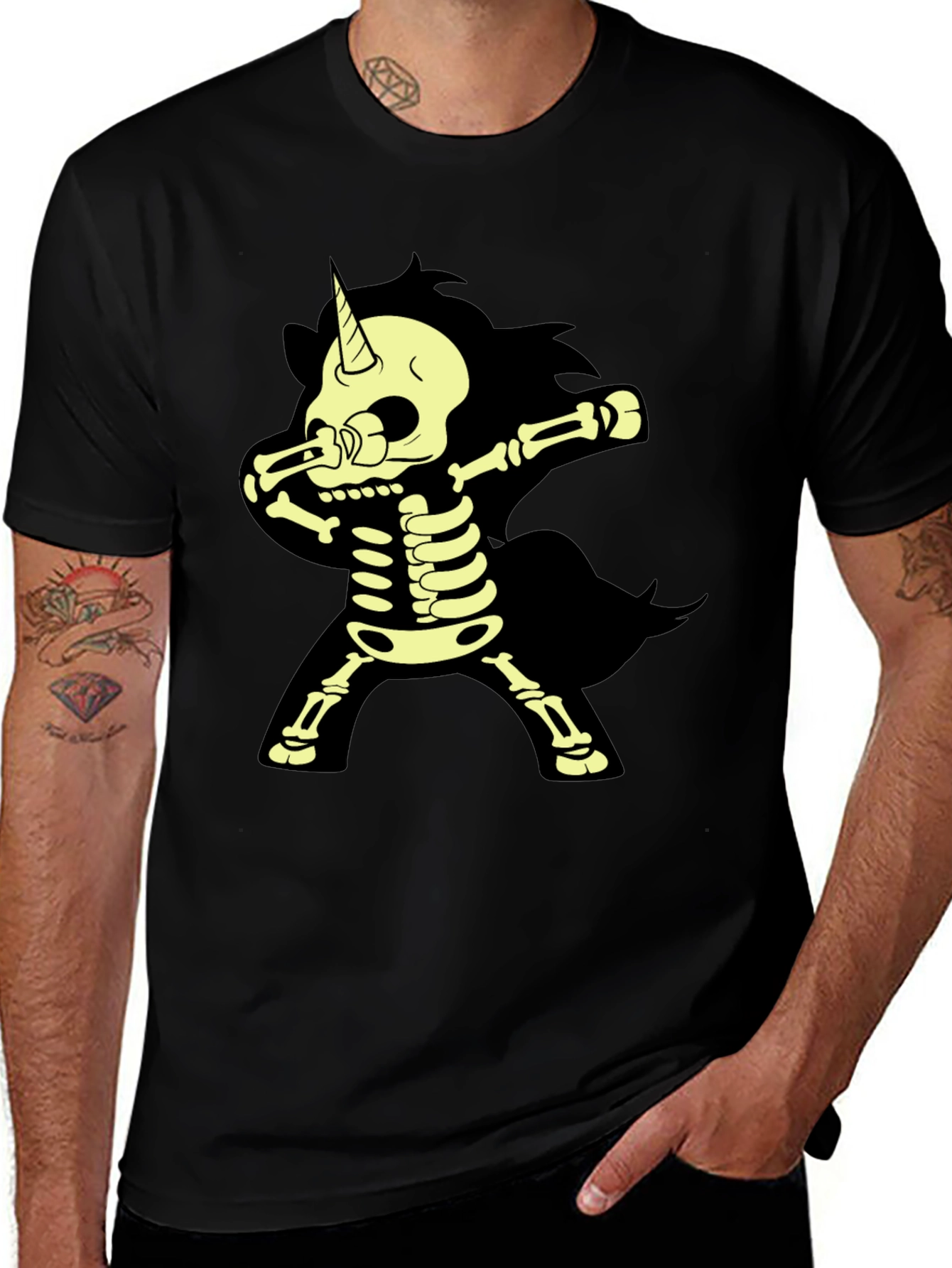Variant 3 of Unicorn Skeleton Dabbing T-Shirt - Black Cotton