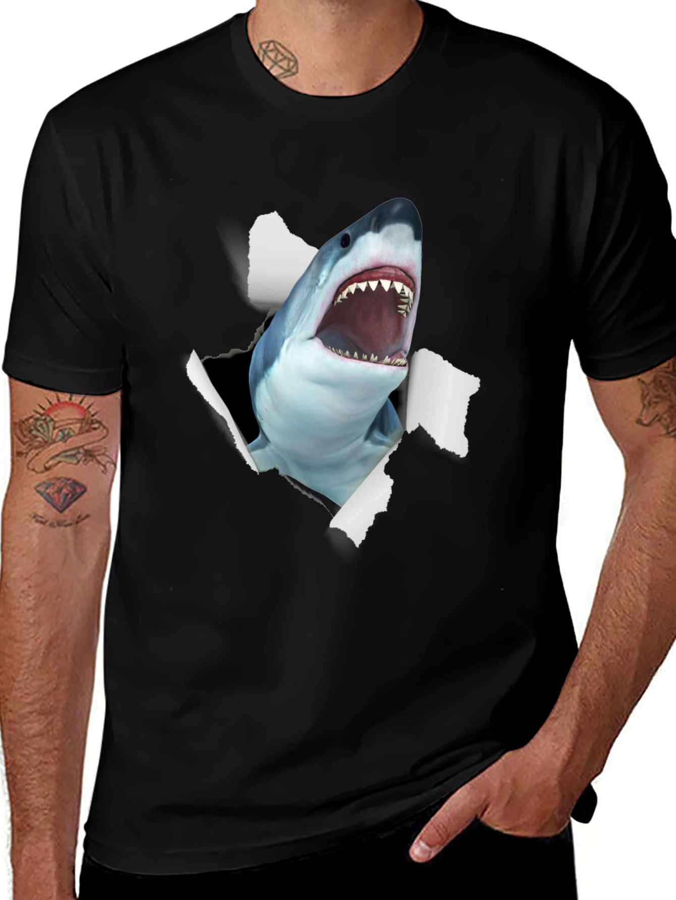 Variant 5 of Shark Attack Graphic Print Black T-Shirt