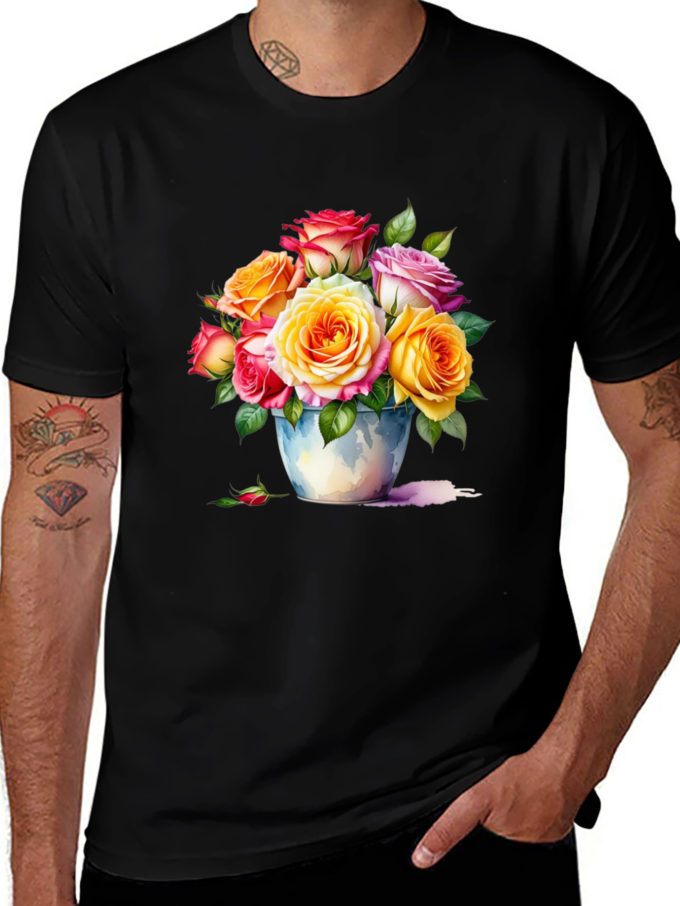 Floral Roses in Vase Graphic Black T-Shirt