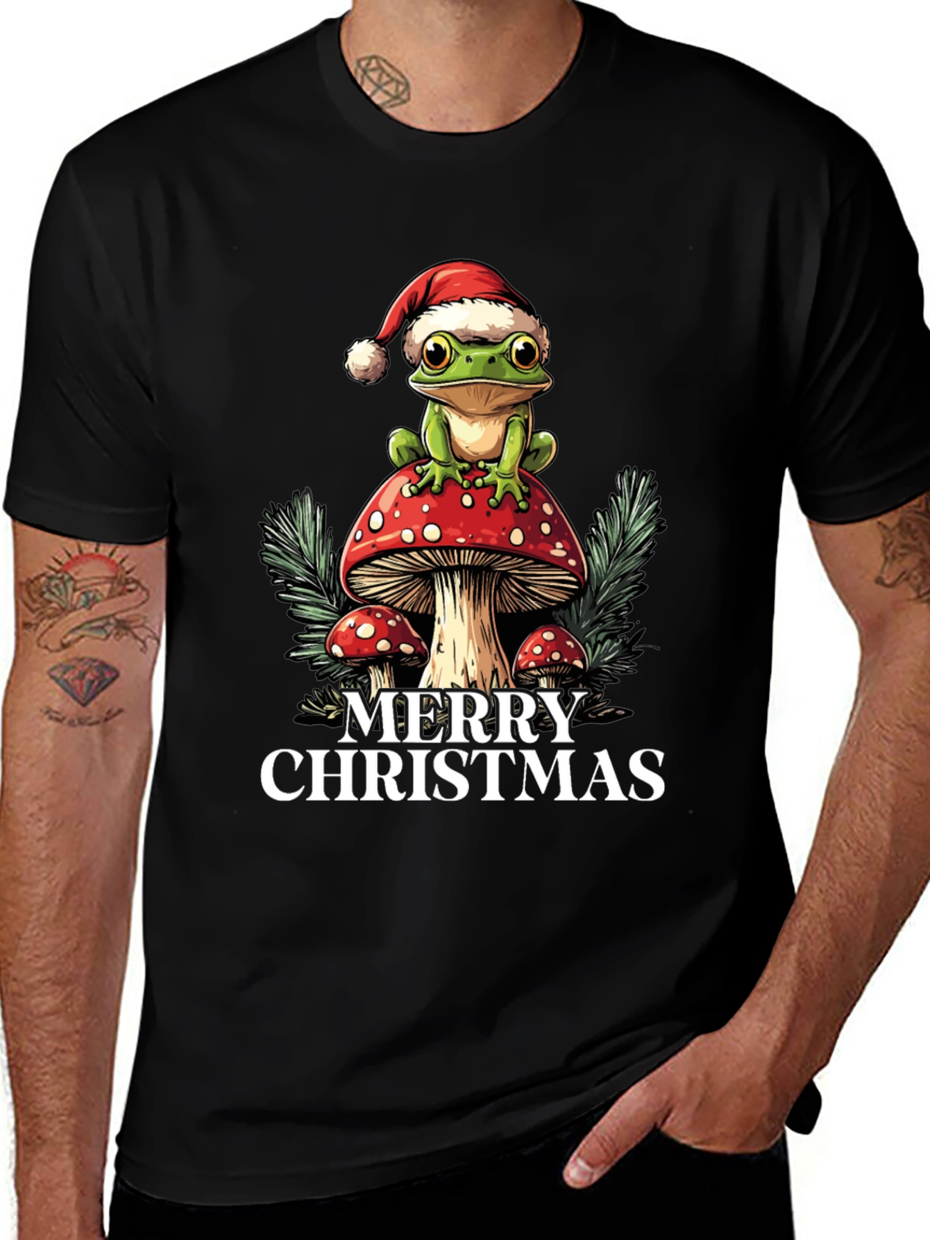 Merry Christmas Frog on Mushroom T-Shirt