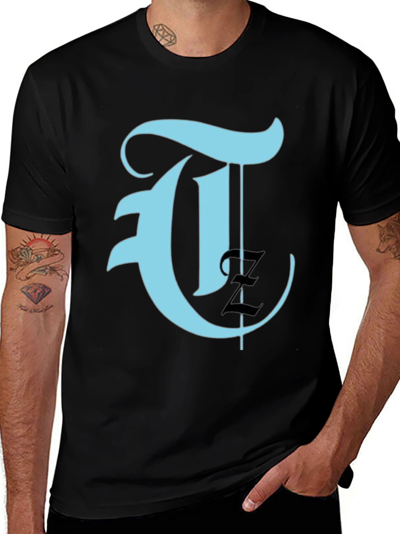 Variant 10 of Men's Black T-Shirt with Teal Letter Graphic