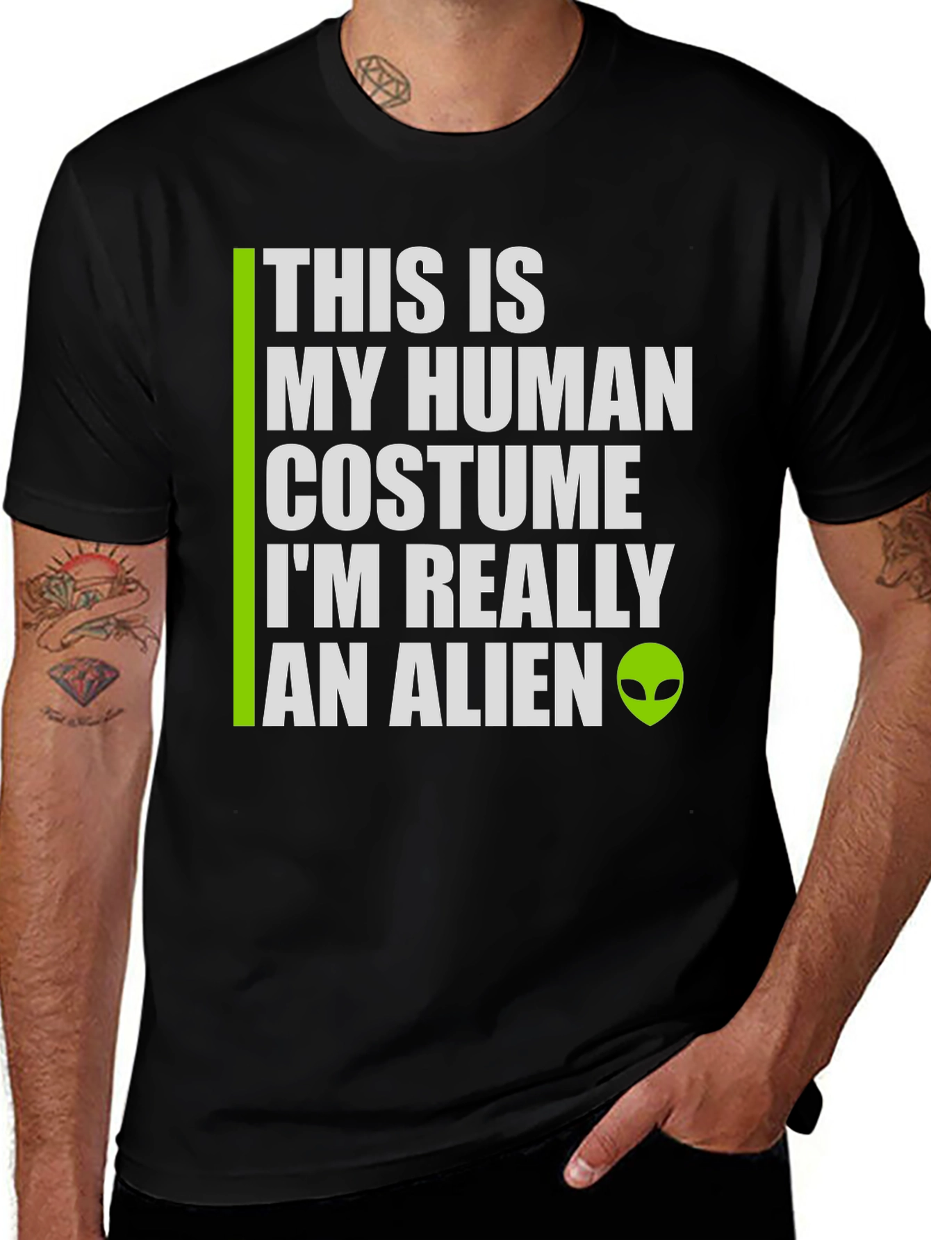 Variant 13 of Human Costume Alien Graphic Tee - Black Cotton Blend T-Shirt