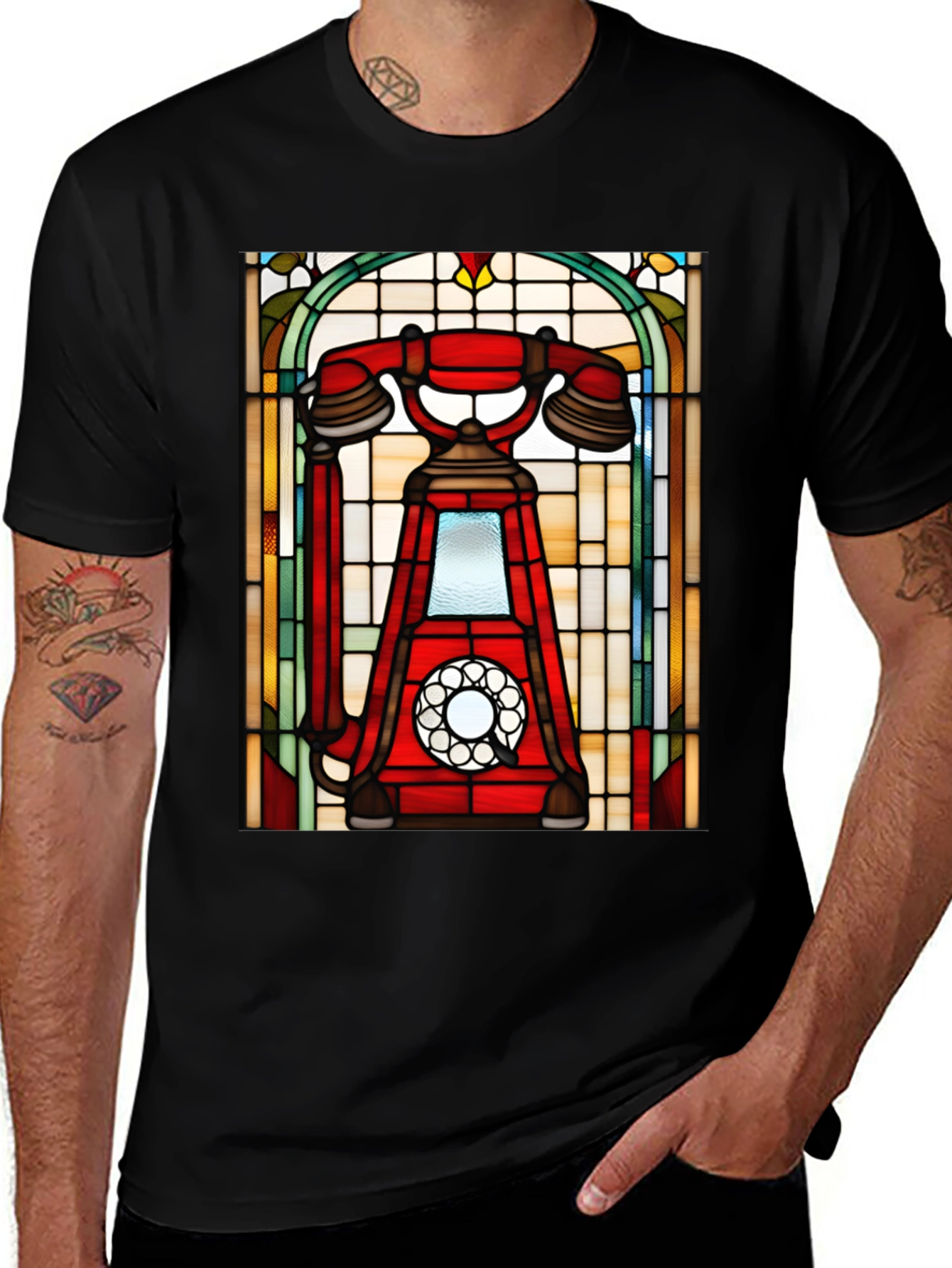 Variant 8 of Retro Rotary Phone Stained Glass Graphic T-Shirt