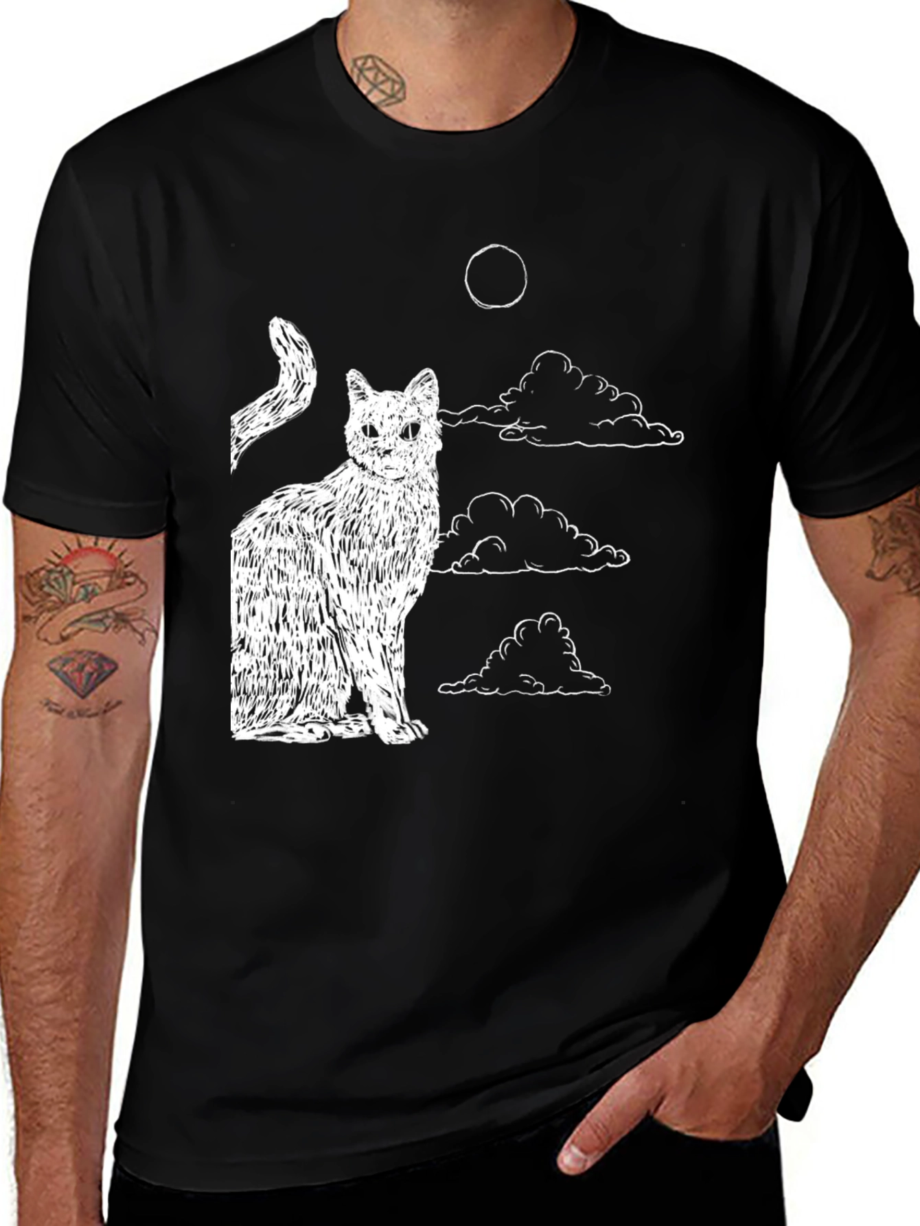 Variant 12 of Cat & Clouds Graphic T-Shirt - Black Cotton Tee