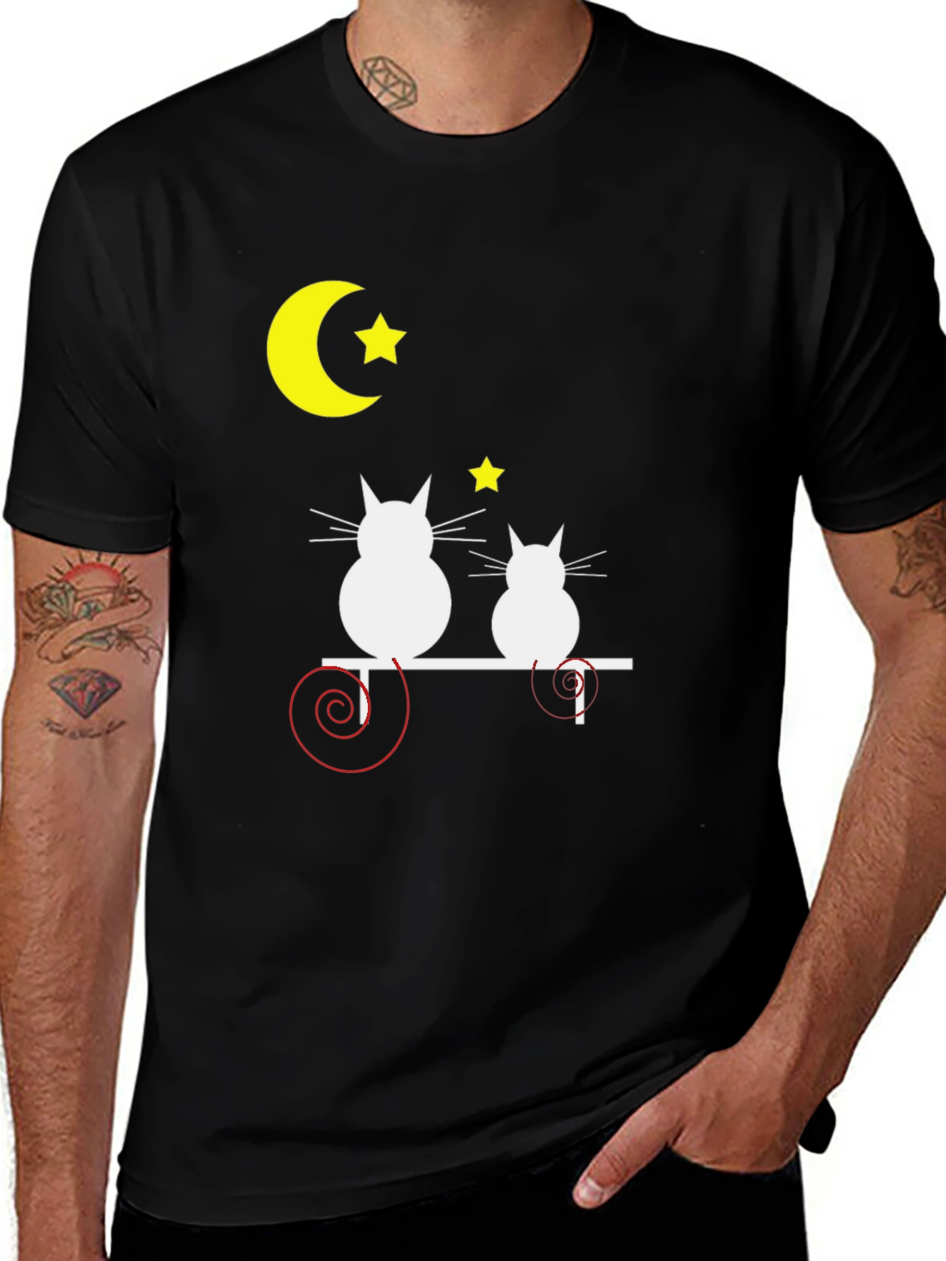 Variant 3 of Cats on Branch T-Shirt - Crescent Moon & Starry Night Design