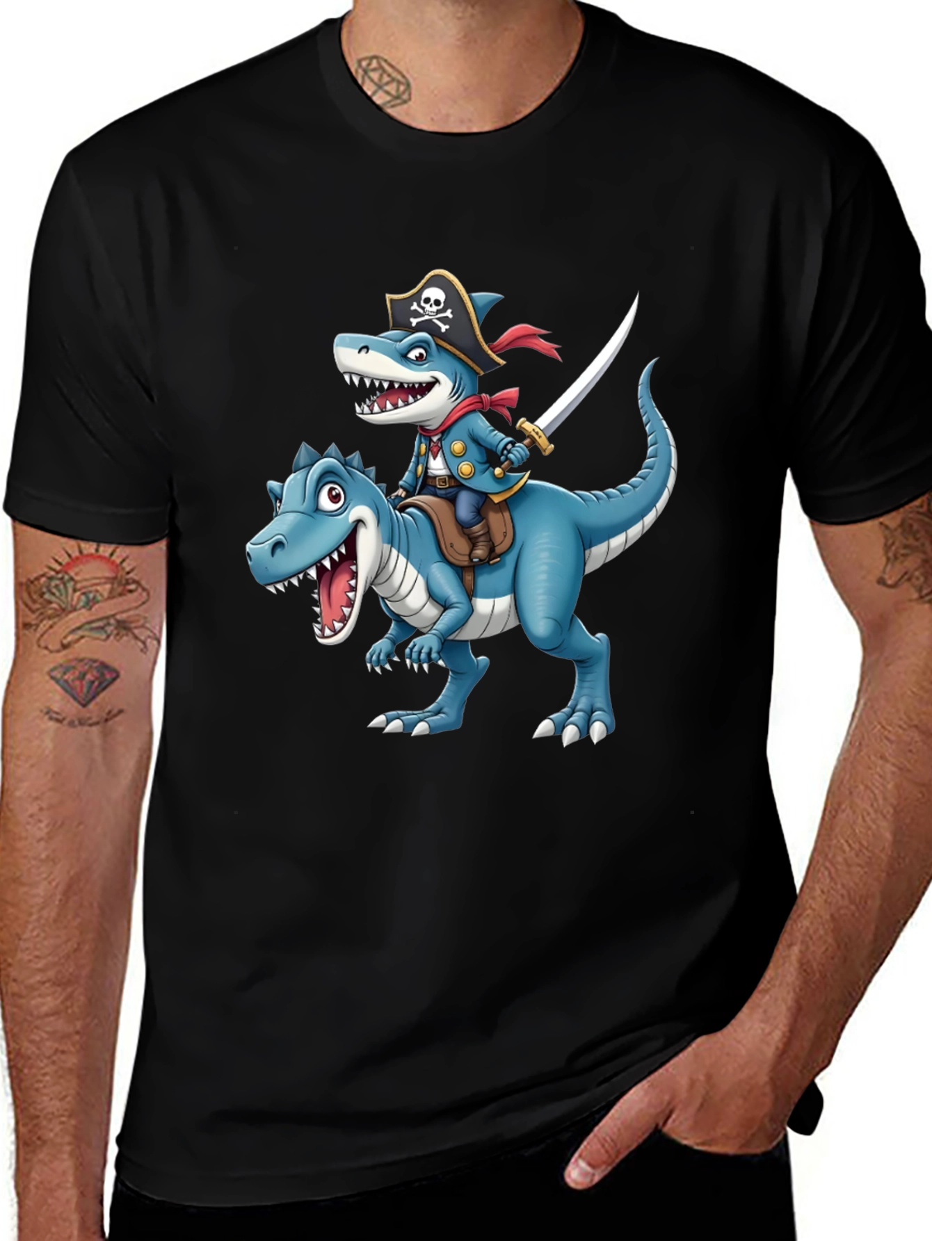 Variant 21 of Pirate Shark Riding Dino Graphic Tee