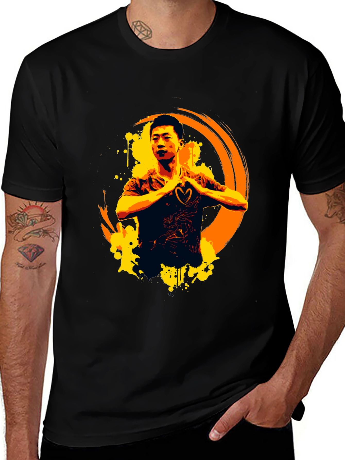 Variant 18 of Graphic Tee: Asian Man Heart Hands Artistic Design Black T-Shirt