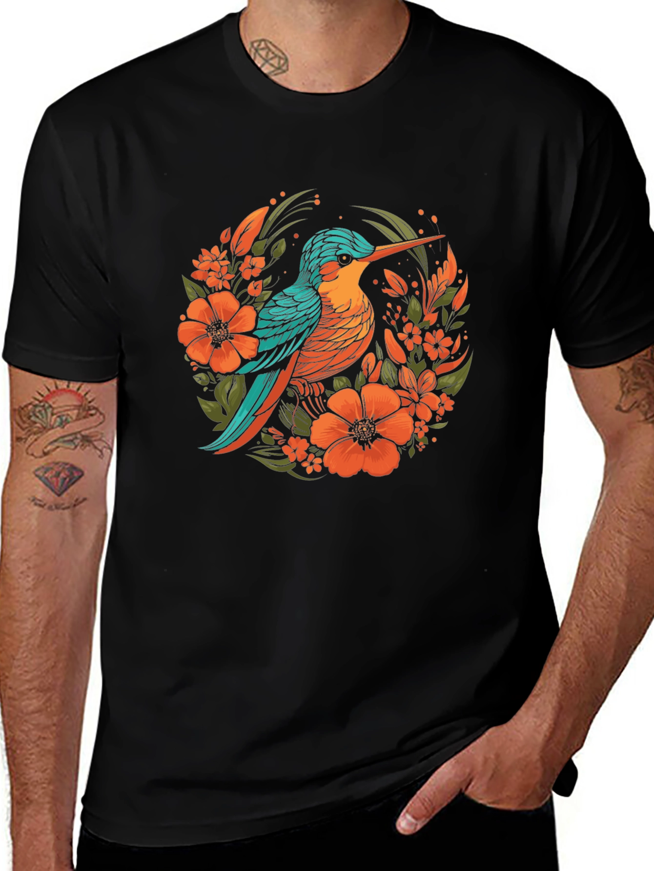 Variant 10 of Hummingbird Floral Print Black T-Shirt