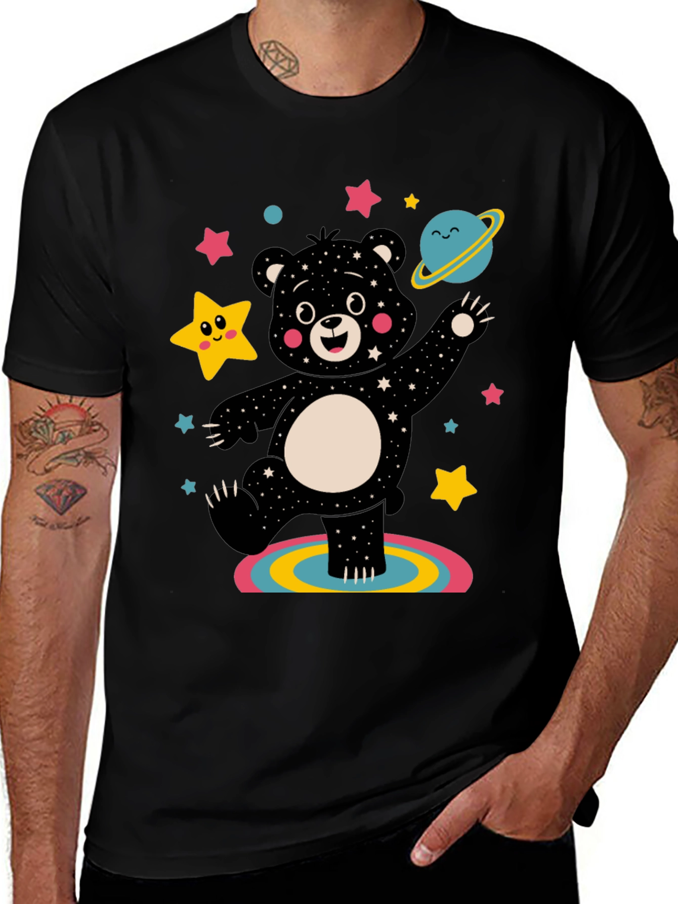 Black Cosmic Bear Graphic Tee - Black Unisex Shirt main image