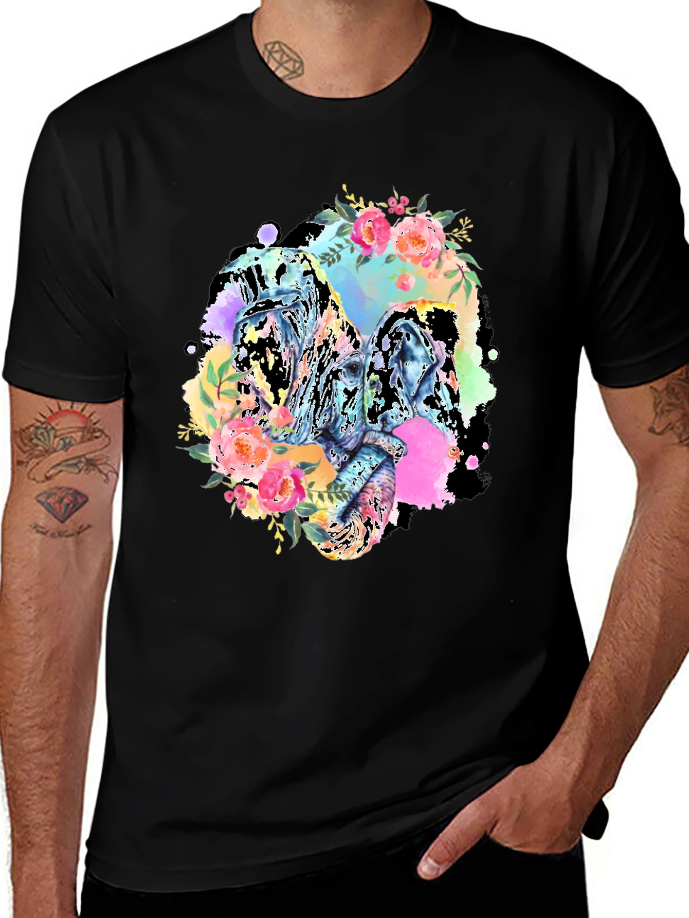 Variant 5 of Floral Elephant Graphic Tee - Black Cotton Blend