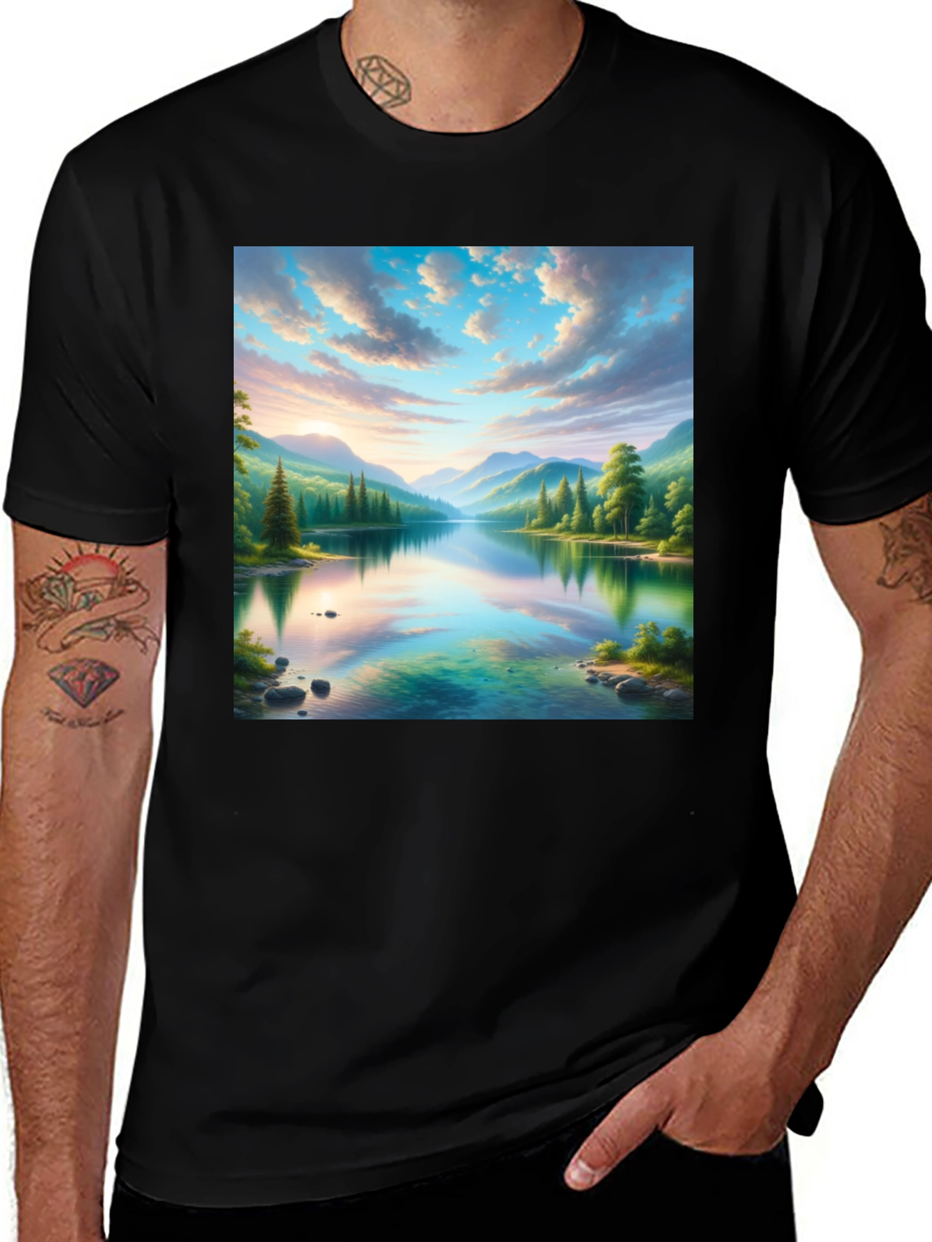 Variant 15 of Scenic Mountain Lake Graphic Tee - Soft Black Cotton
