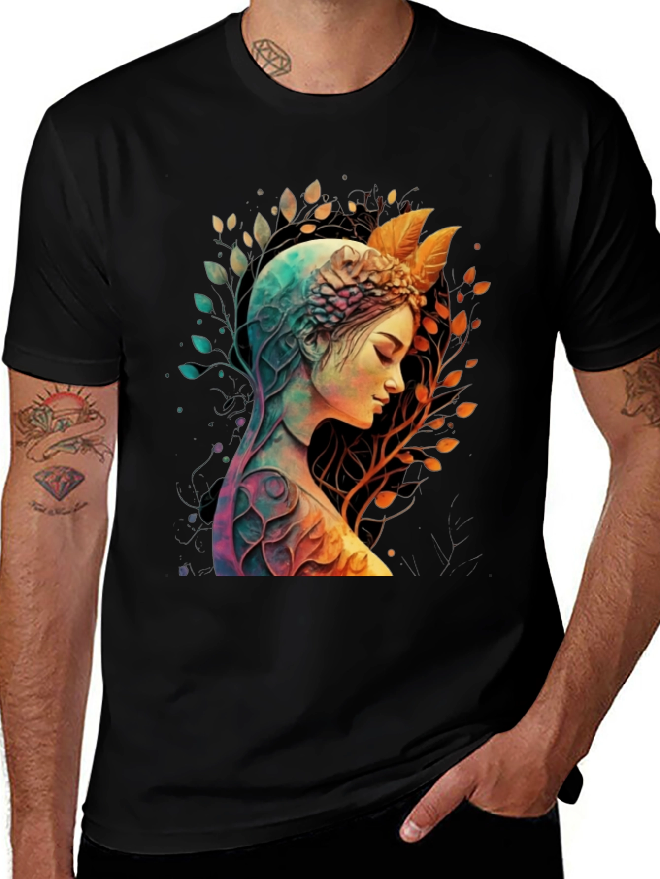 Nature Goddess Graphic Tee - Elegant Black T-Shirt