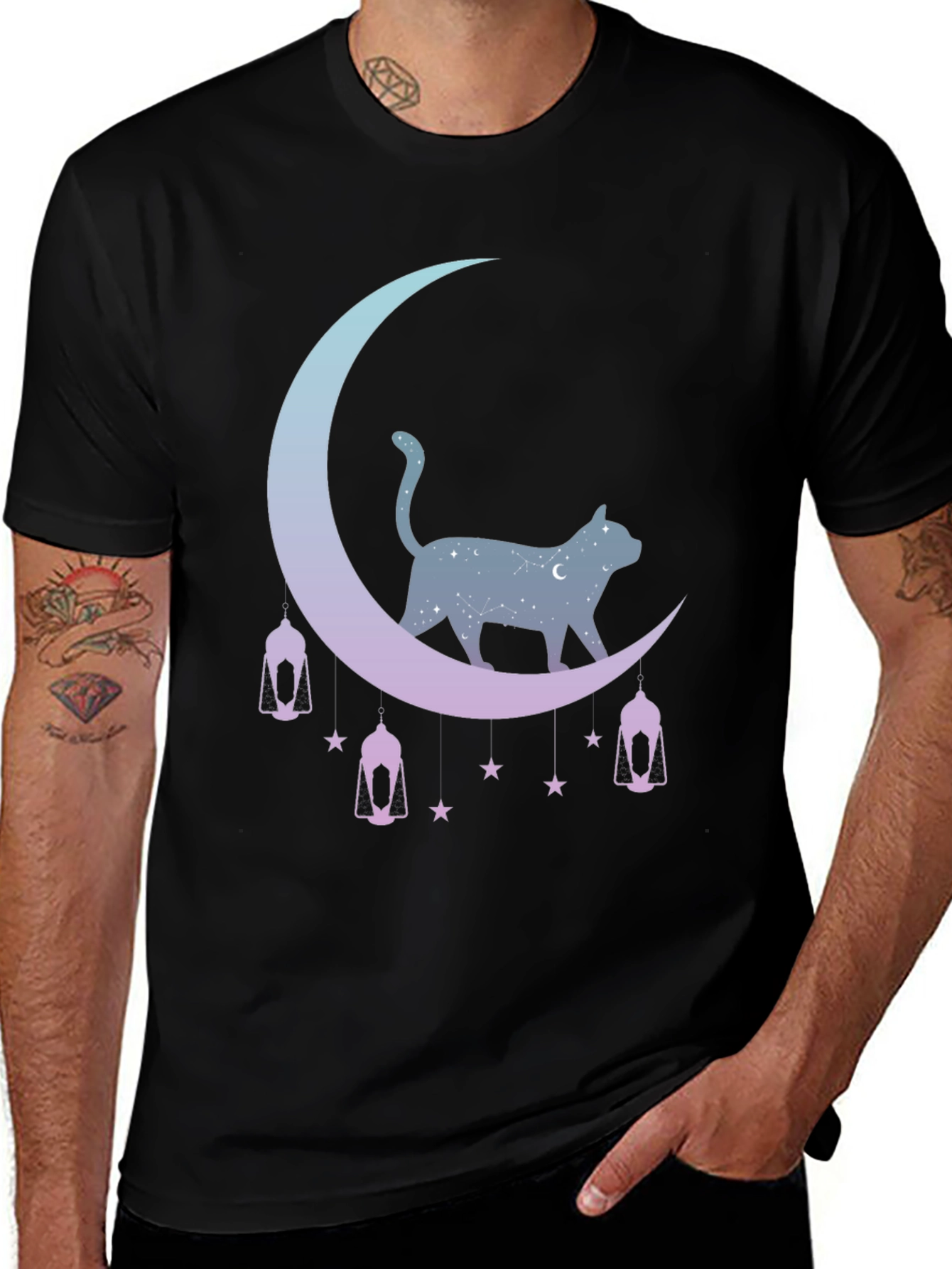 Variant 11 of Celestial Cat Moon Graphic Tee - Black