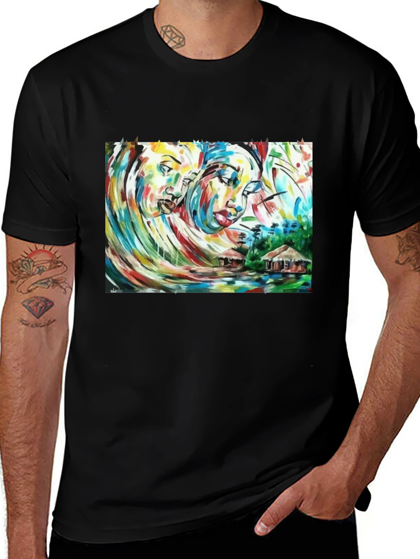Variant 9 of Abstract Faces Graphic Print Black T-Shirt