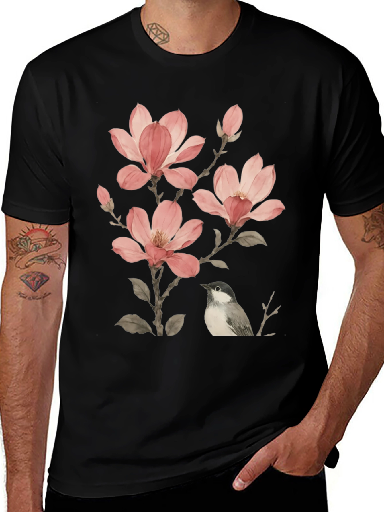 Floral Bird Print T-Shirt - Soft Cotton Blend