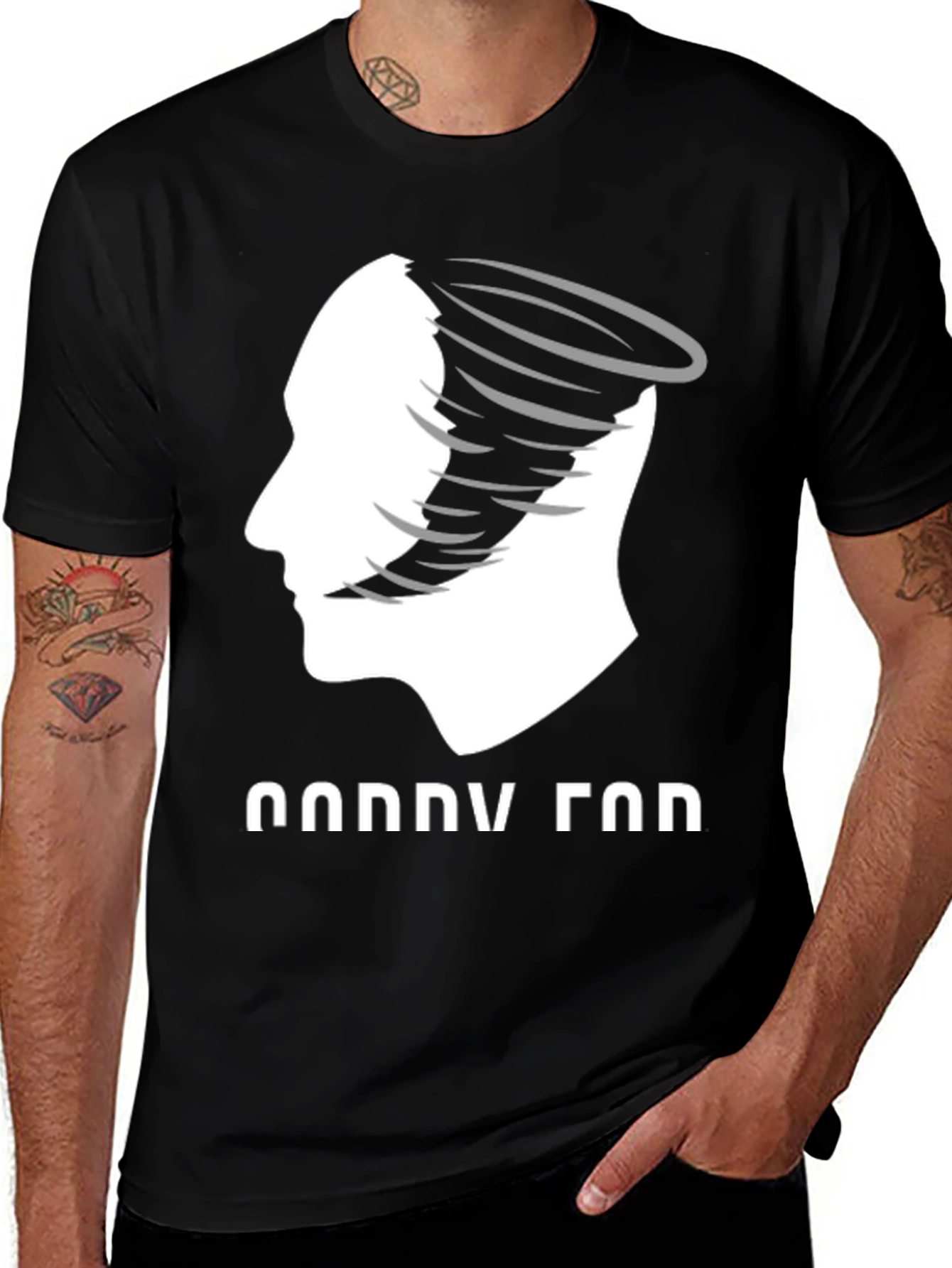 Variant 26 of Funny Tornado God Graphic Tee - Black Cotton Blend