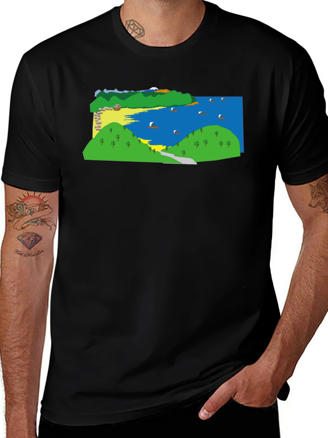 Variant 7 of Illustrated Beach Scene Black T-Shirt