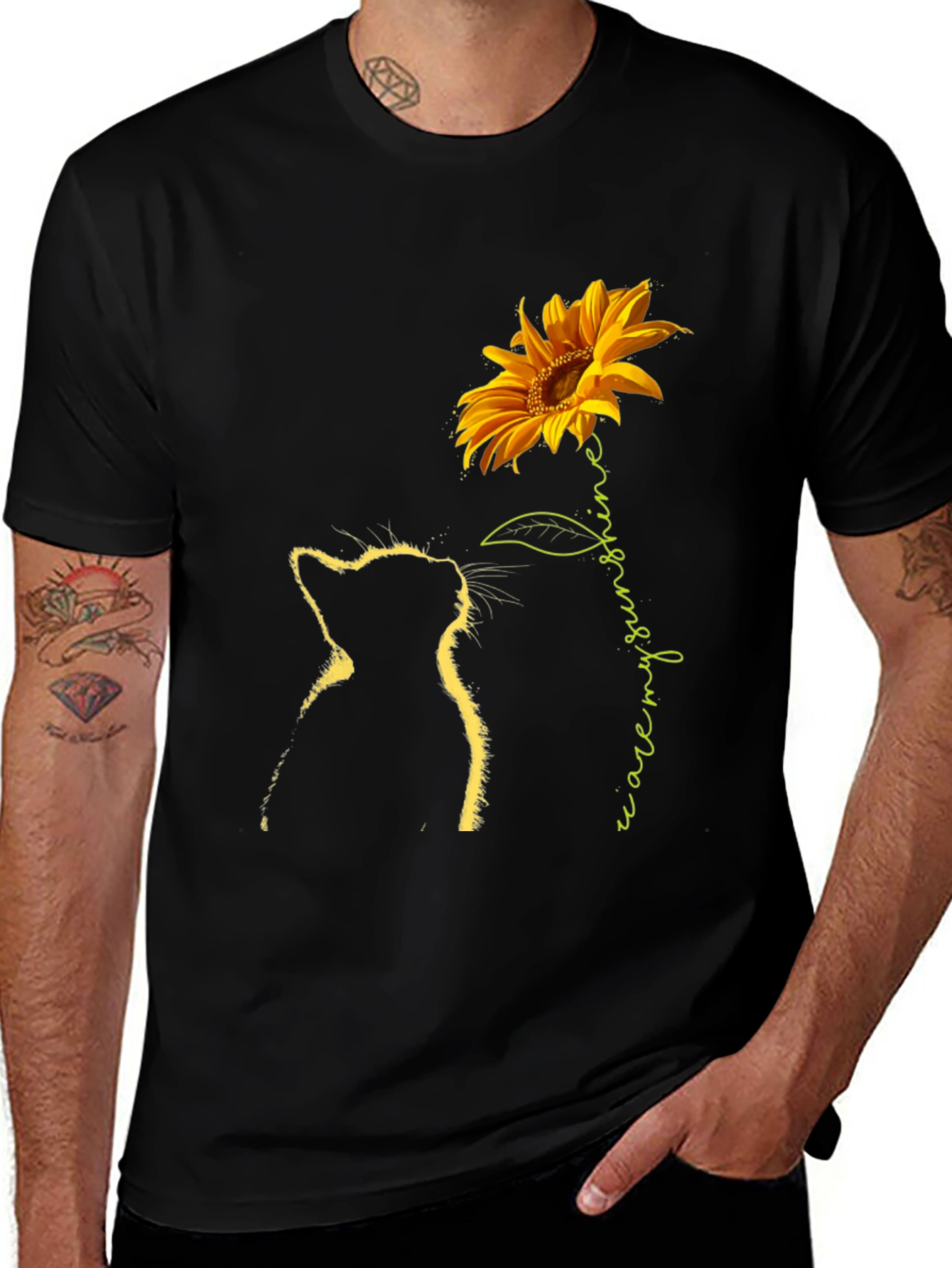 Variant 20 of Cat & Sunflower Graphic Tee - Black