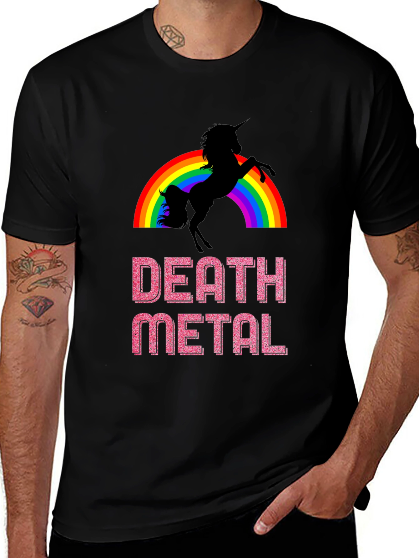 Black Death Metal Unicorn Rainbow Graphic Tee main image