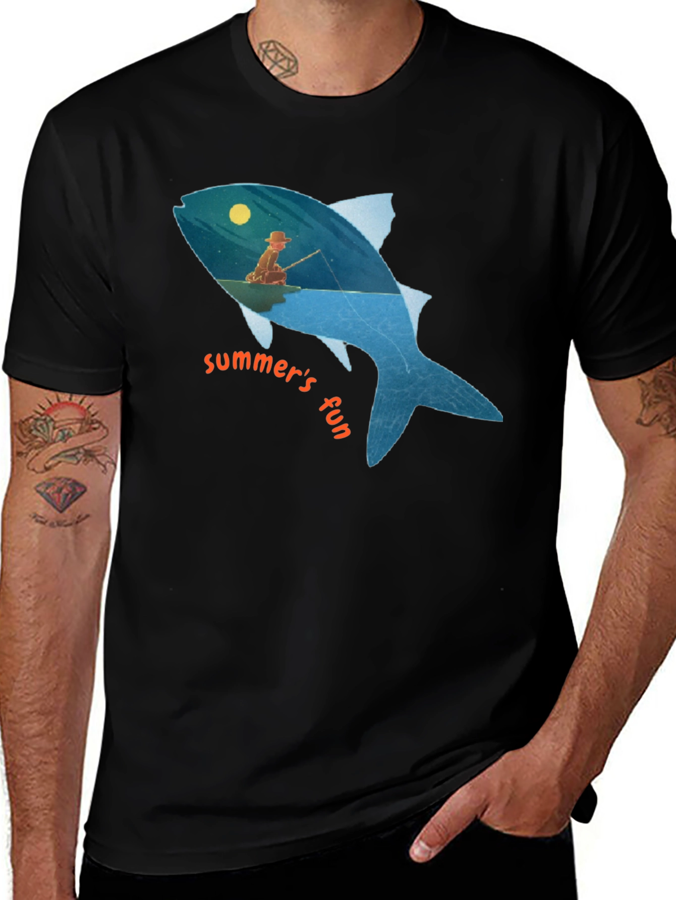 Variant 8 of Summer's Fun Fishing Fish Graphic Black Tee
