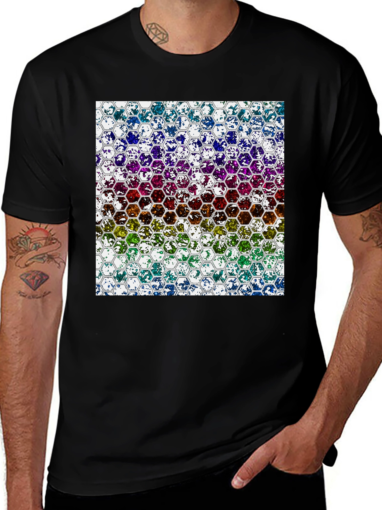 Variant 23 of Honeycomb Spectrum Graphic Tee - Stylish Men's Black T-Shirt