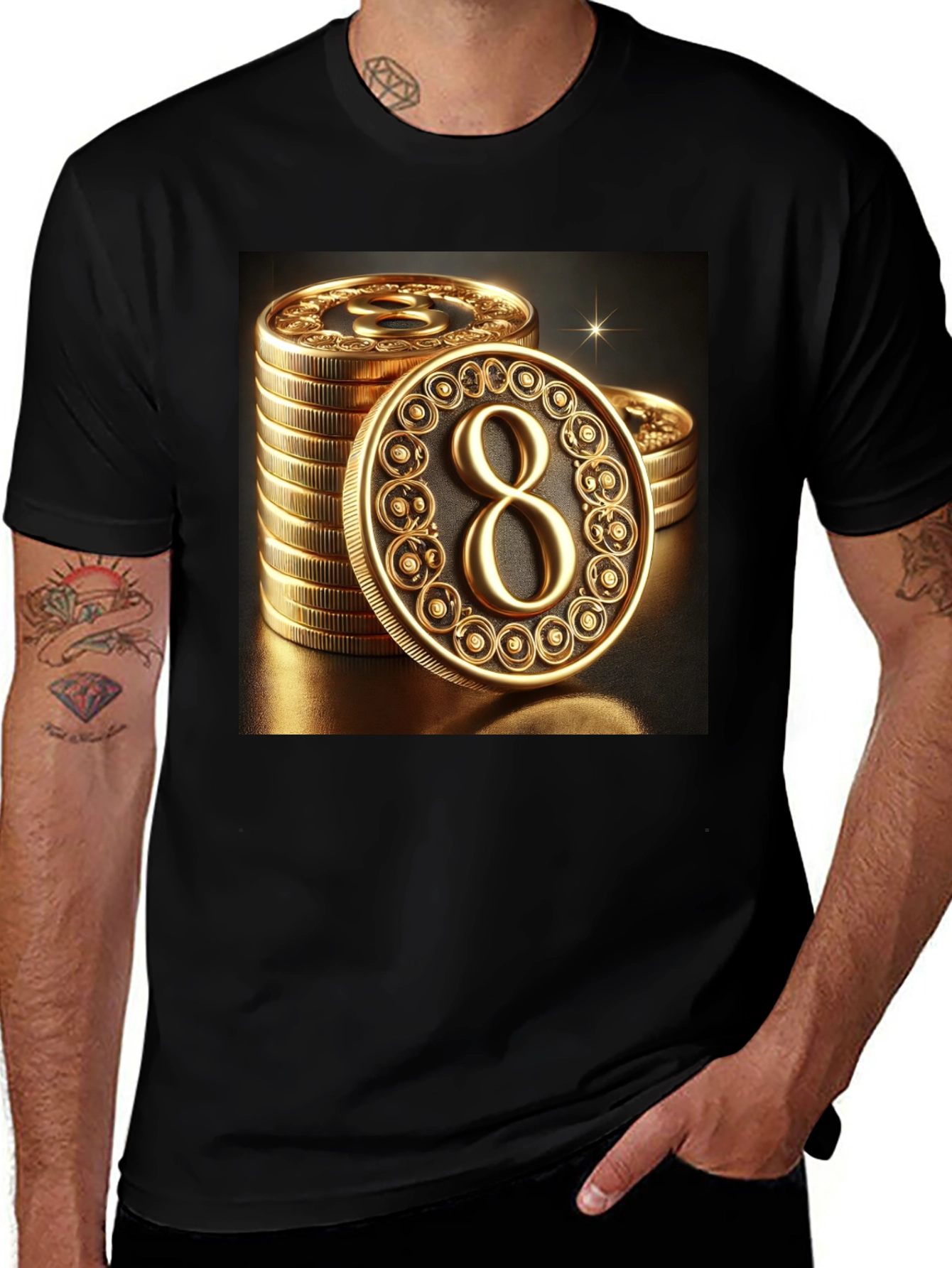 Variant 14 of Lucky Number 8 Coin Tee - Gold Symbol Graphic T-Shirt
