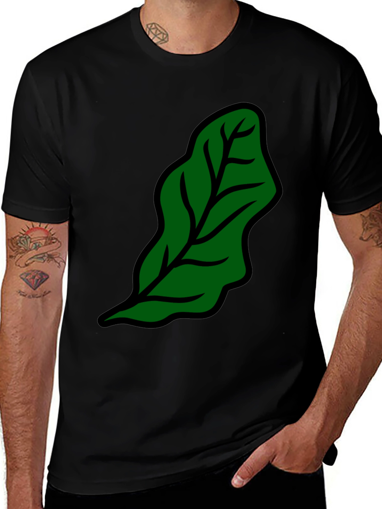 Green Leaf Graphic Black T-Shirt