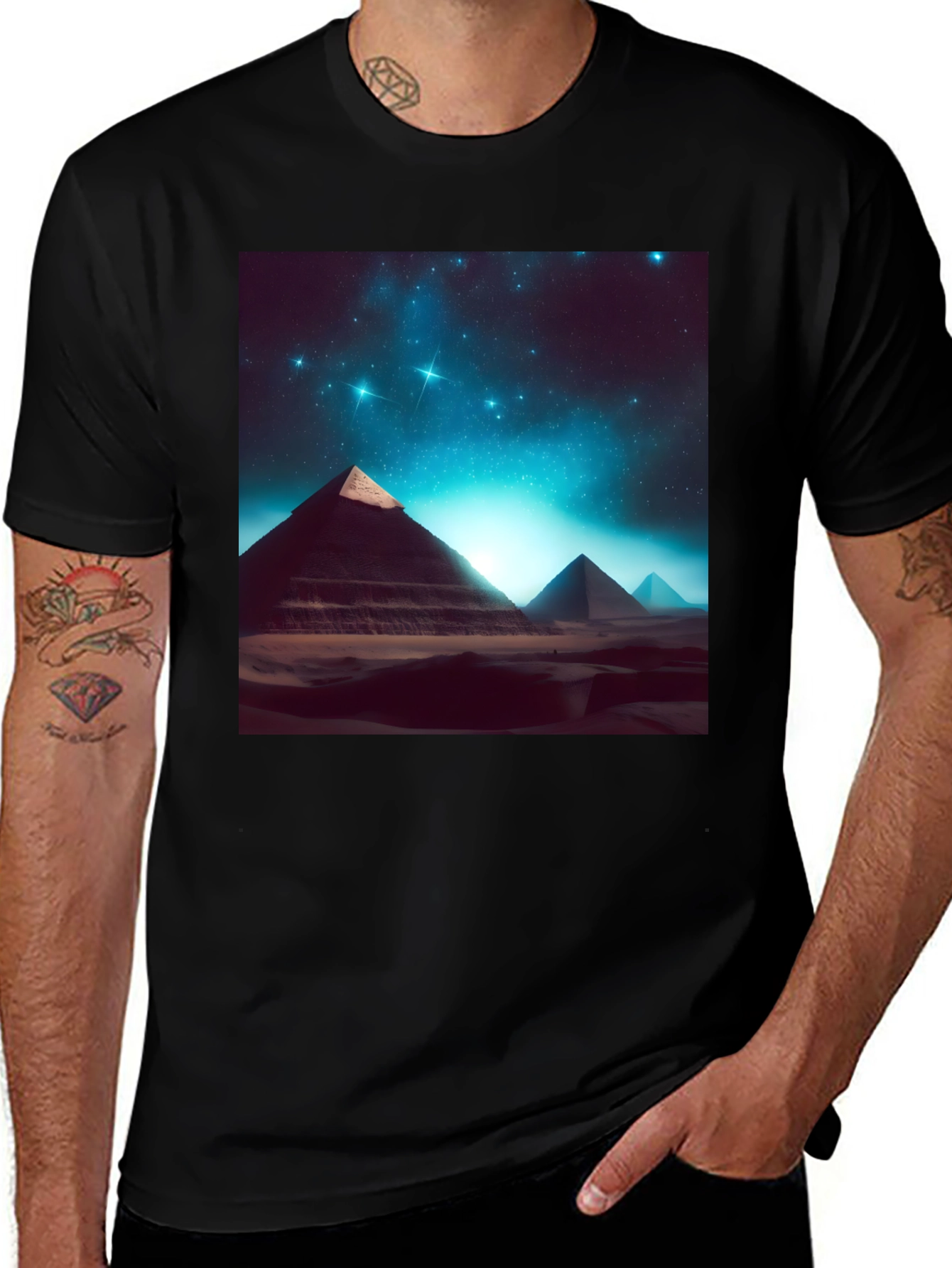 Egyptian Pyramid Starry Night Black T-Shirt
