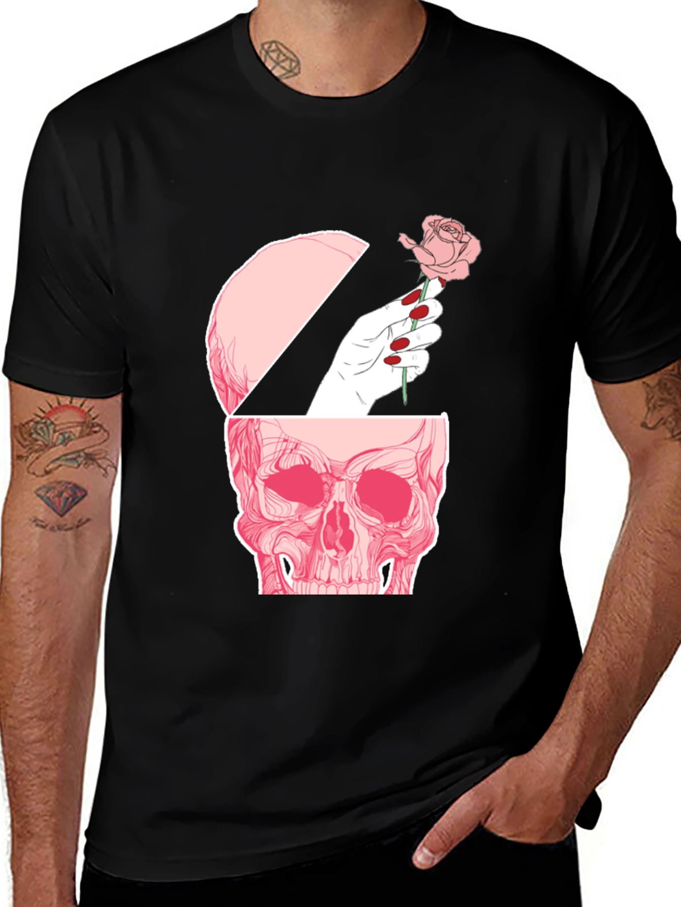 Black Skull and Rose Graphic Tee - Edgy Style main image