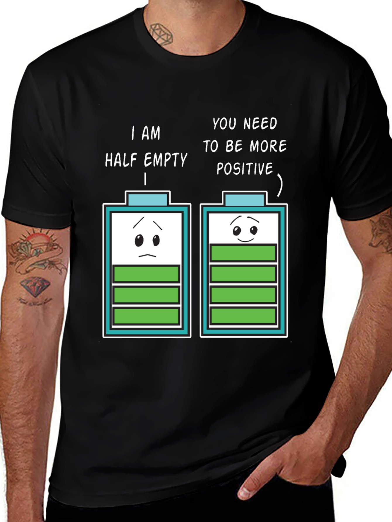 Variant 9 of Half Empty Positive Battery Humor Graphic Tee