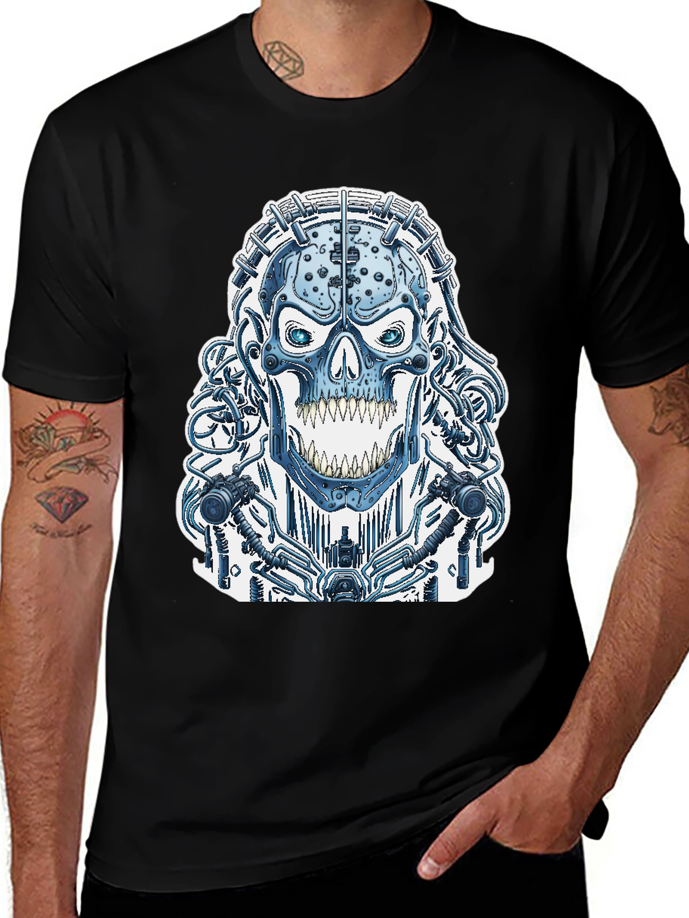 Variant 25 of Cyberpunk Skull Graphic Tee - Black Cotton T-Shirt