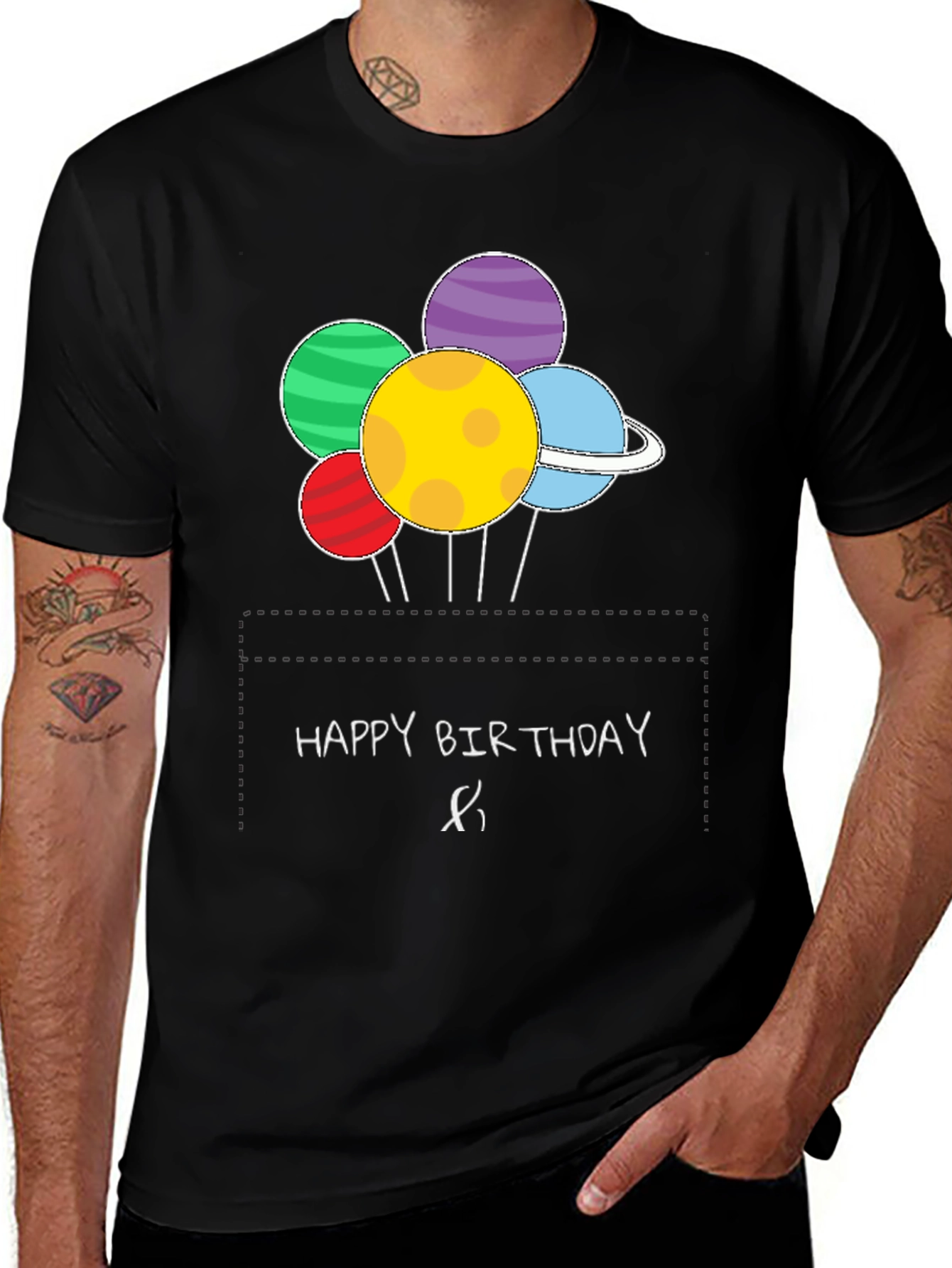 Variant 12 of Happy Birthday Planet Balloons Black T-Shirt