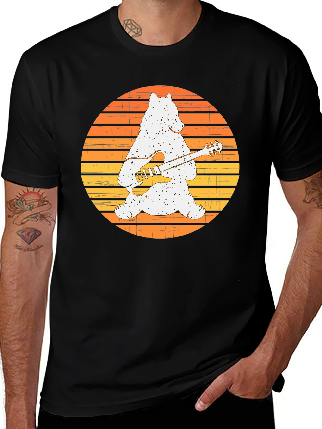 Variant 26 of Bear Guitarist T-Shirt - Retro Sunset Design