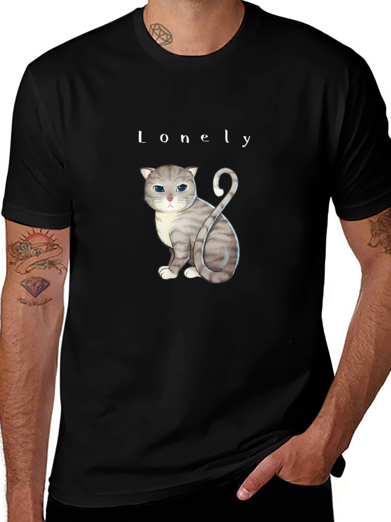 Black Lonely Cat Graphic T-Shirt - Soft Cotton Blend main image