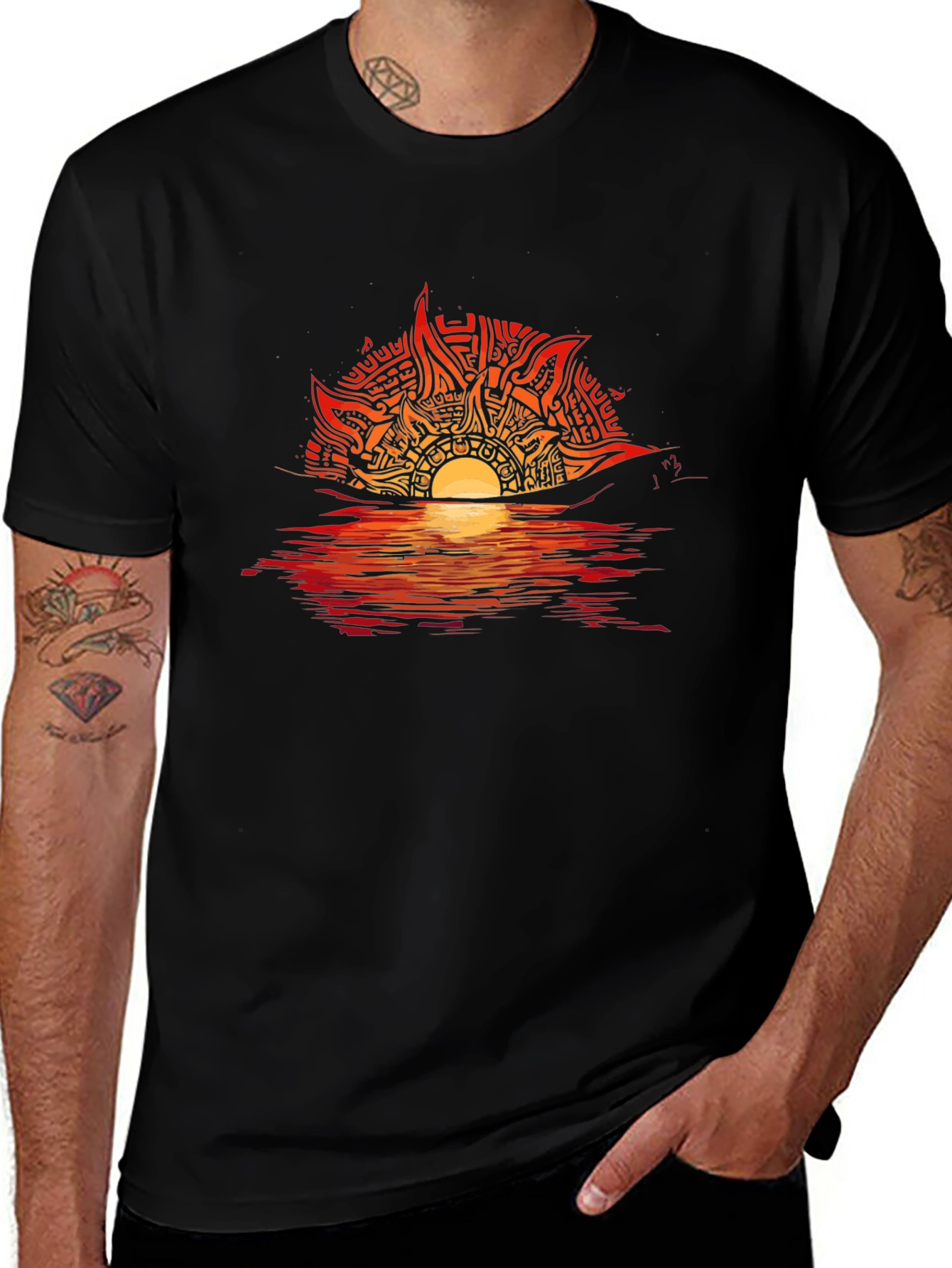 Variant 25 of Sunset Graphic Tee - Unique Tribal Sun Design