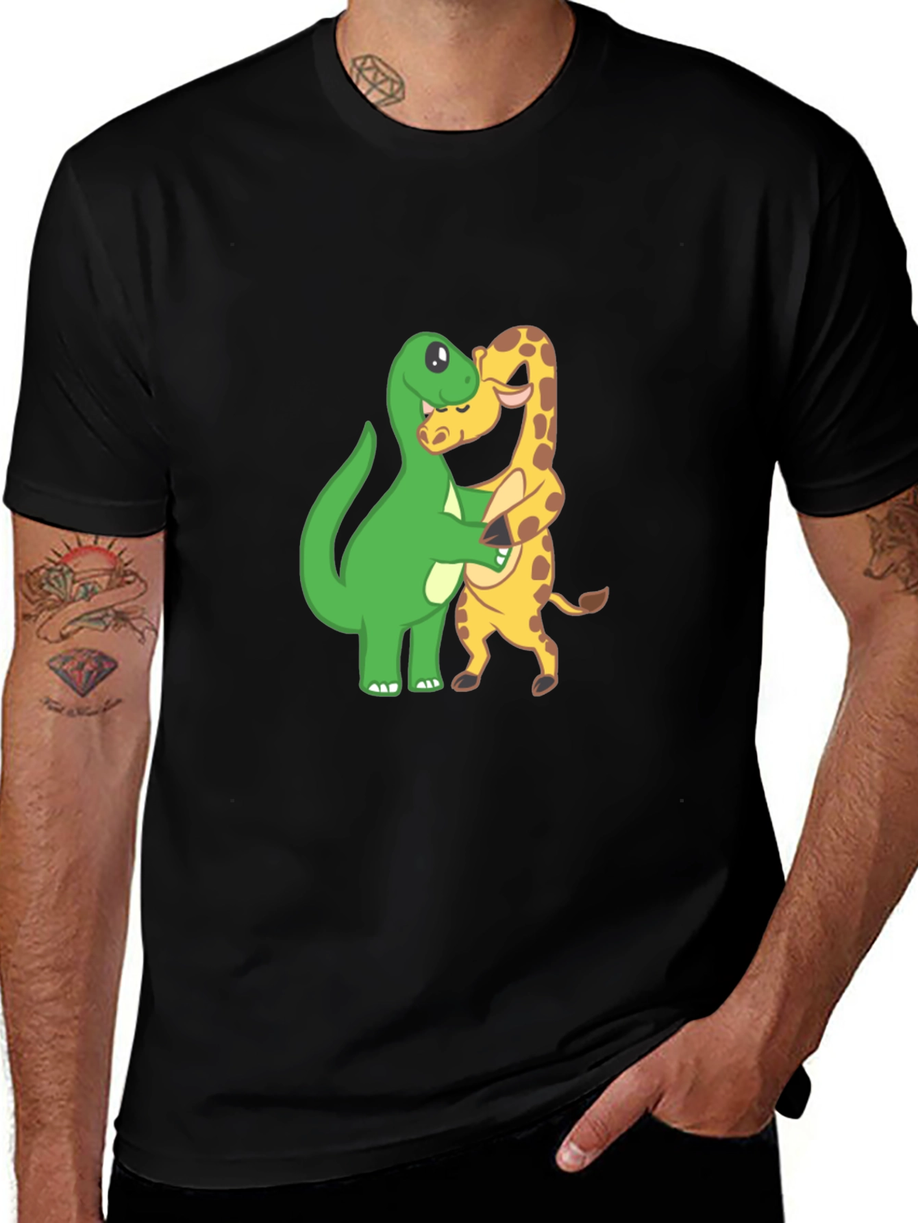 Variant 25 of Dino & Giraffe Hug T-Shirt - Cute Cartoon Design