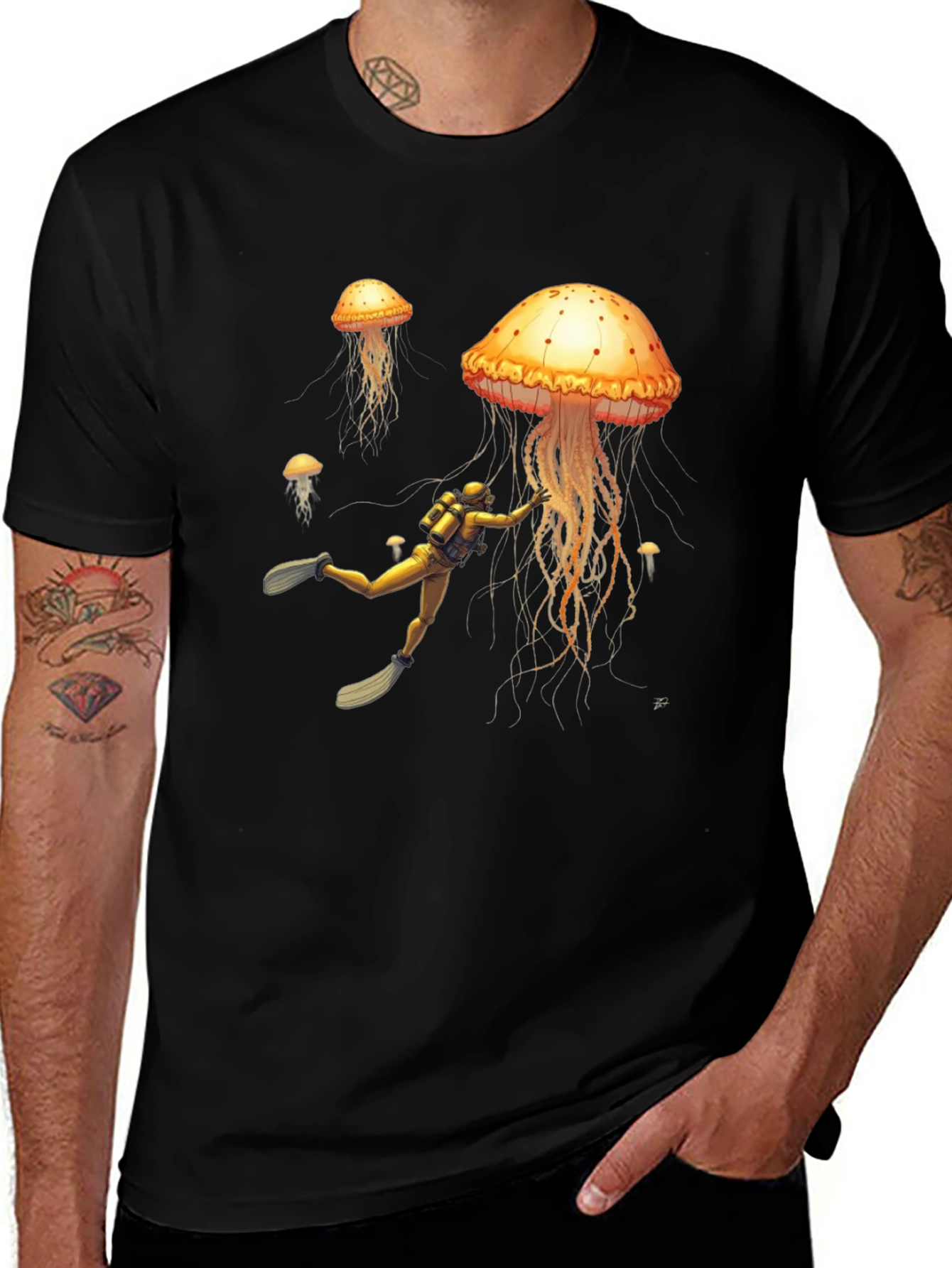 Variant 29 of Jellyfish Diver Graphic Tee - Black Cotton T-Shirt