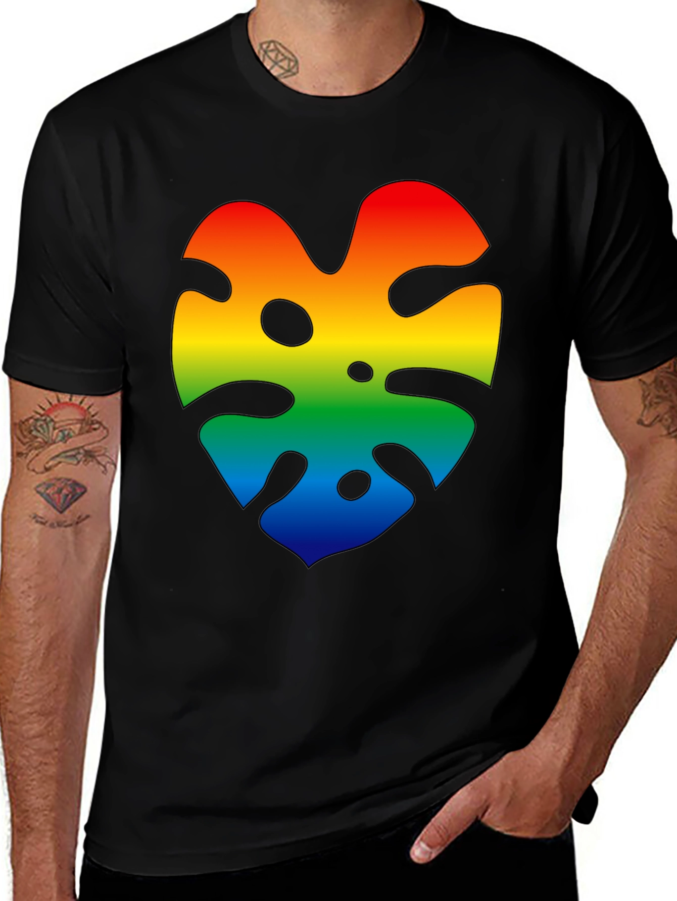 Rainbow Monstera Leaf Graphic Black T-Shirt