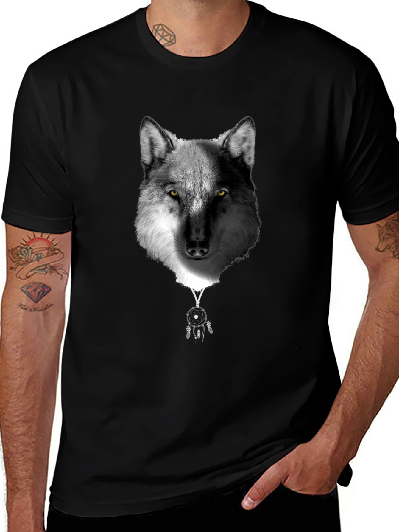 Variant 13 of Wolf Dreamcatcher Graphic Tee - Stylish Men's Black T-Shirt