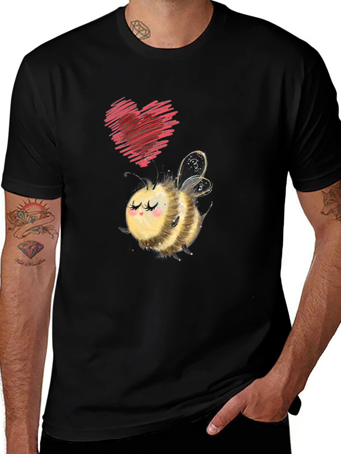 Variant 18 of Cute Bee & Heart Graphic Black T-Shirt