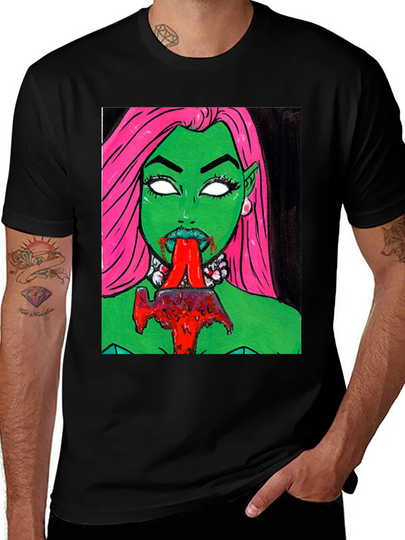 Variant 18 of Graphic Print Tee: Green Vampire with Pink Hair
